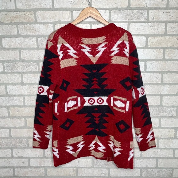 Red Blue Aztec Knit Long Cardigan Sweater with Pockets - Picture 4 of 5